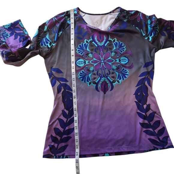 Athleta Runaway Top Floral Moisture Wicking LS Shirt Blue & Purple Leaves sz L - Picture 5 of 8